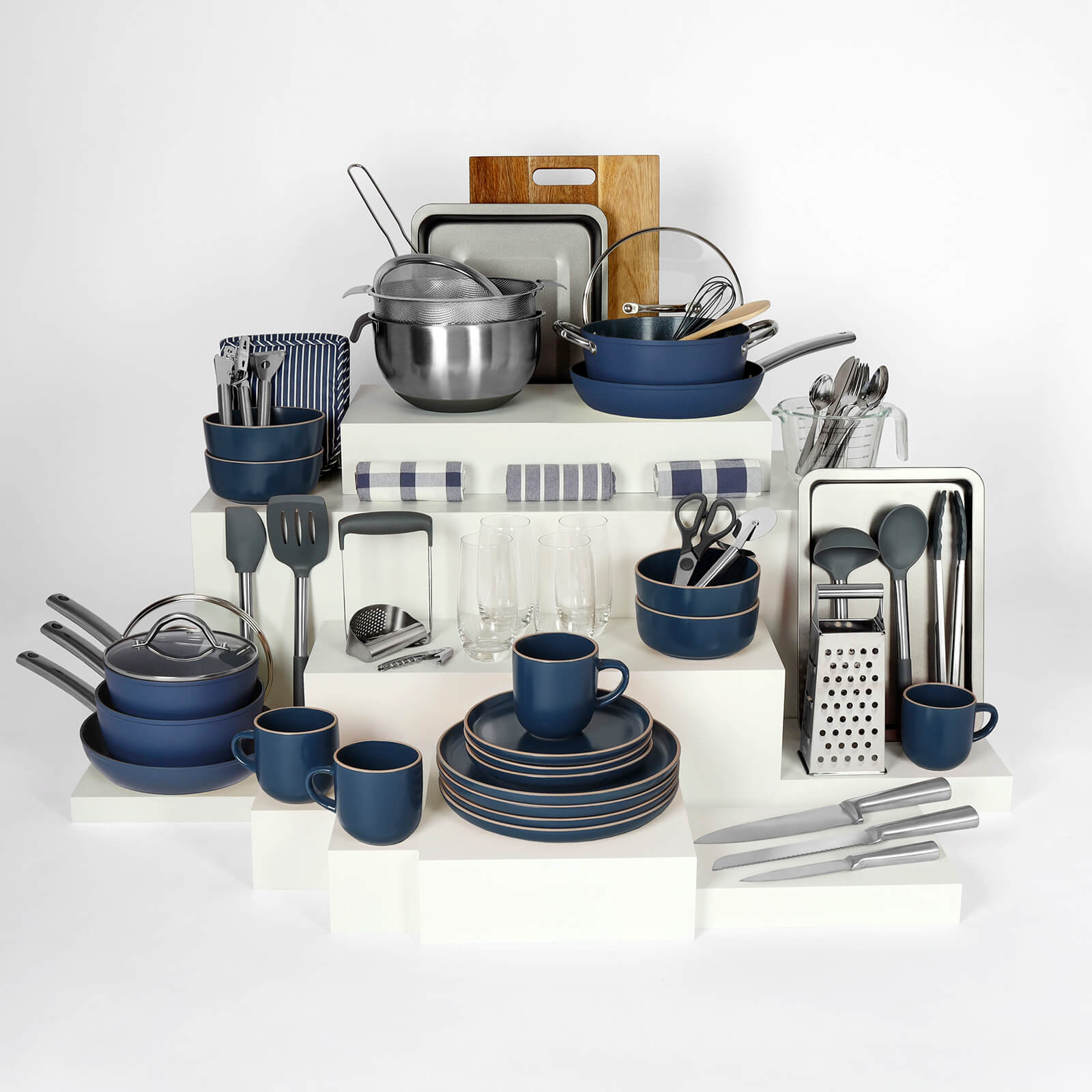 crockery-Midnight && pan-set-colour-Aegean Blue