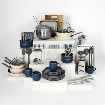 crockery-Midnight && pan-set-colour-Cream