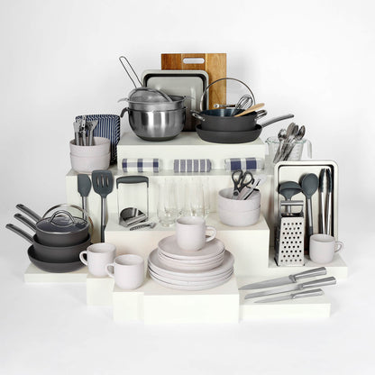 crockery-White Speckled && pan-set-colour-Slate Grey